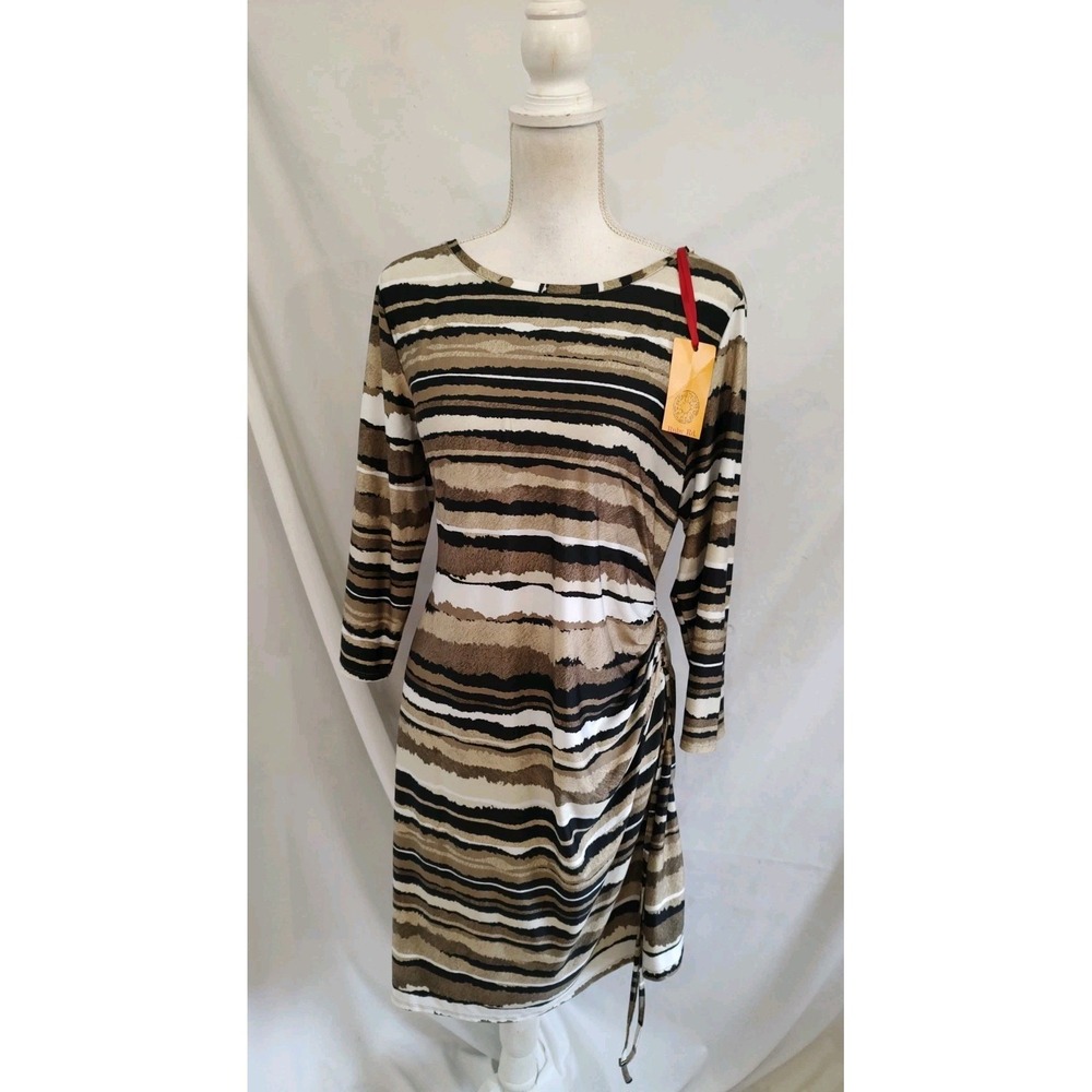 NWT Ruby Rd Dress Sheath 3/4 Sleeve Stretch Jersey Stripe Ruched Side Sz M